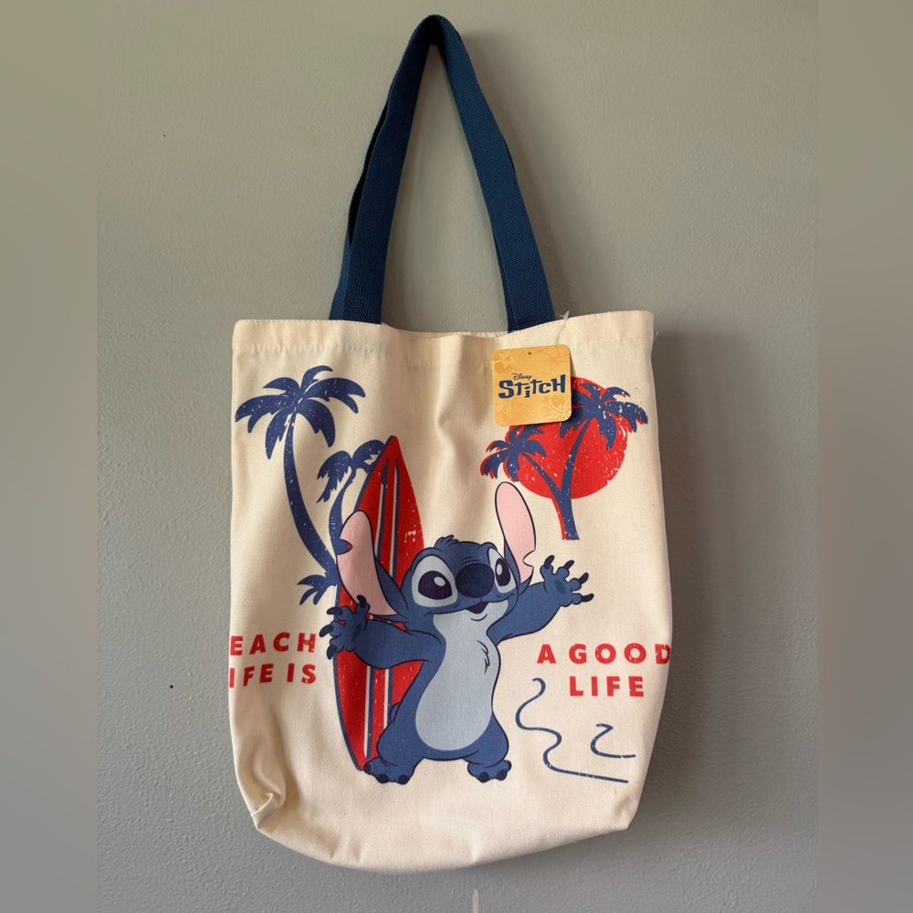 Disney Cream Canvas Tote with Blue Stitch & Red Surf Graphic